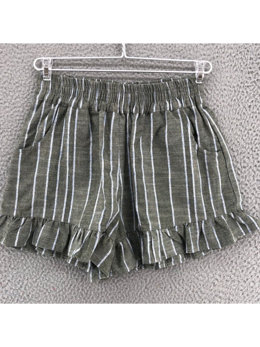 UMGEE Shorts Womens Small Green Striped Chambray Stretch Ruffled Utility Pockets